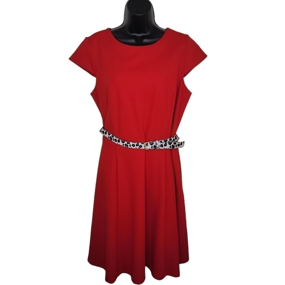 Chetta B red retro style fit and flare belted dress 16w